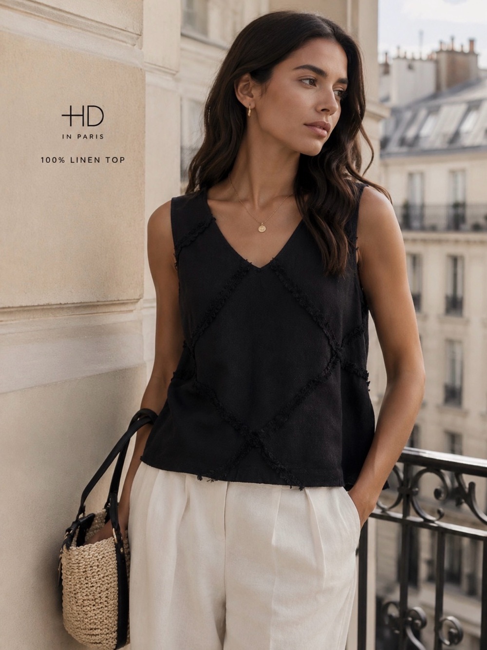 HD in Paris Black Linen Diamond-Detail V-Neck Camisole